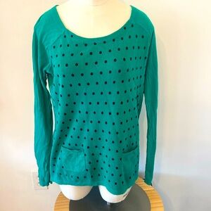 Loft Lightweight Sweater Green Black Polka Dots Pockets Size Medium